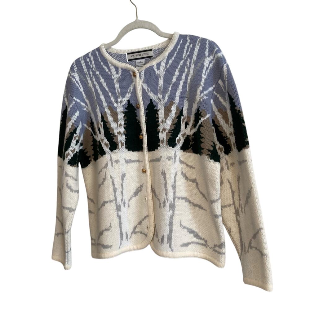Vintage 90s Winter Forest Scene Cardigan Birch Trees Sz M - Picture 14 of 15